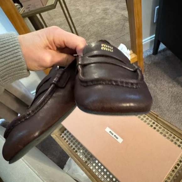Miu Miu Rouched back Nappa Leather Brown Loafers - Picture 11 of 16